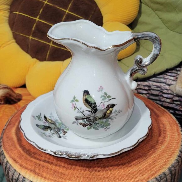 Vintage Japan Porcelain Small Basin & Pitcher with Birds Home Decor - Picture 1 of 8